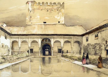 Dziedziniec Mirtów (Patio de los Arrayanes) i Wieża Comares, ze "Szkiców i rysunków Alhambry", wyryte przez Williama Gauci (fl.1825-54), 1835